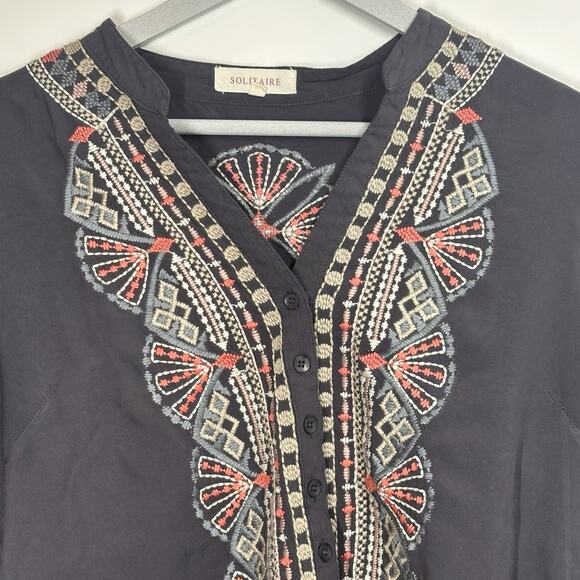 Solitaire‎ Tunic Long Roll Tab Sleeve Embroidery Trim Size Large Johnny Was Boho - Picture 2 of 8